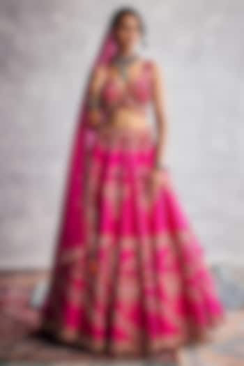 Fuchsia Pink Dupion Silk & Organza Floral Embroidered Bridal Lehenga Set by AMAN TAKYAR at Pernia's Pop Up Shop