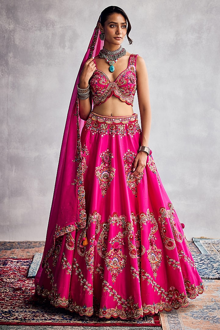 Fuchsia Pink Dupion Silk & Organza Floral Embroidered Bridal Lehenga Set by AMAN TAKYAR at Pernia's Pop Up Shop