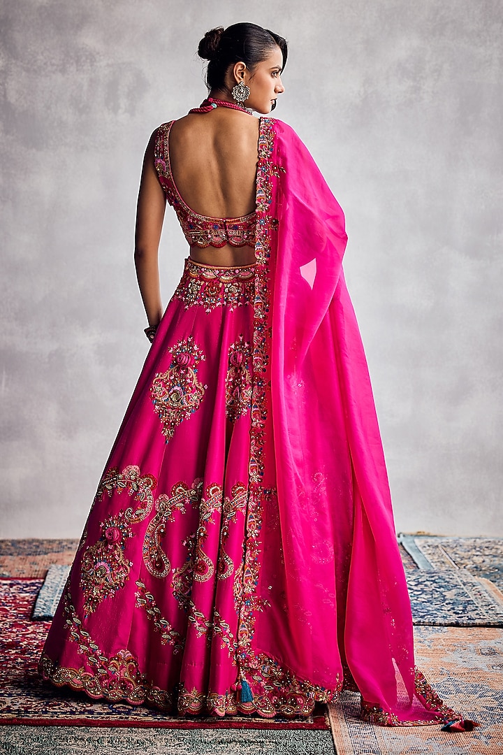 Fuchsia Pink Dupion Silk & Organza Floral Embroidered Bridal Lehenga Set by AMAN TAKYAR at Pernia's Pop Up Shop