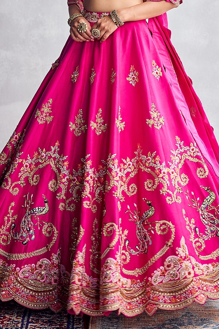Fuchsia Pink Dupion Silk & Organza Floral Embroidered Bridal Lehenga Set by AMAN TAKYAR at Pernia's Pop Up Shop