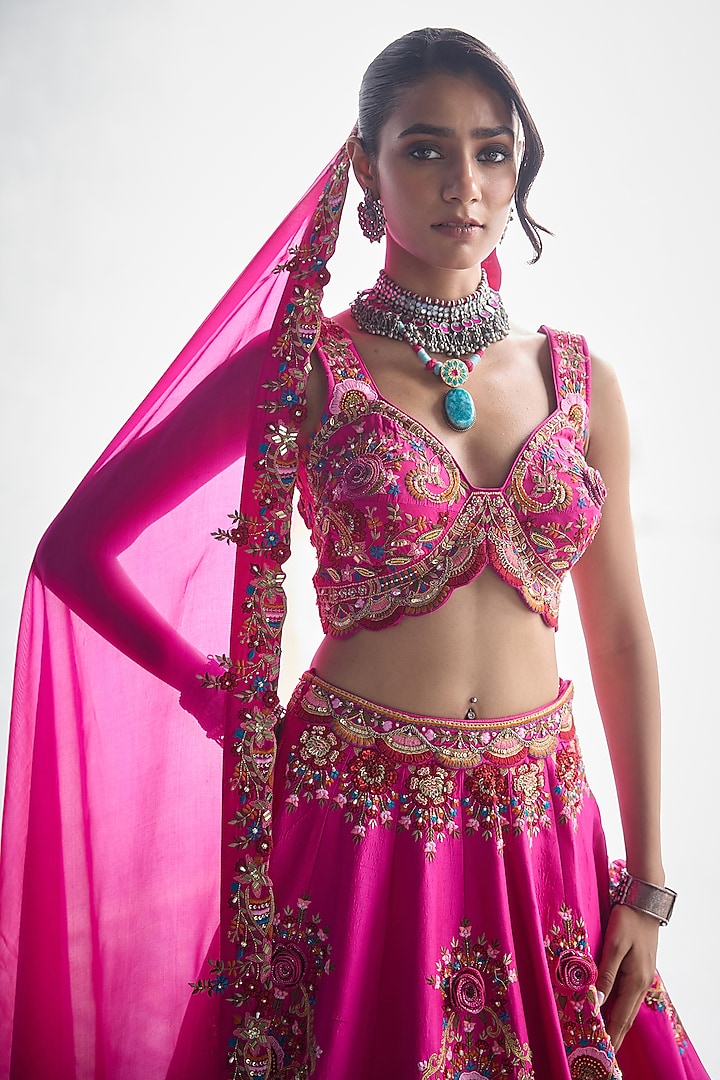 Fuchsia Pink Dupion Silk & Organza Floral Embroidered Bridal Lehenga Set by AMAN TAKYAR at Pernia's Pop Up Shop