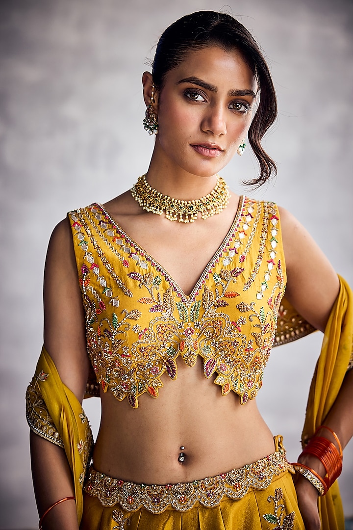 Spectra Yellow Dupion Silk Thread Embroidered Bridal Lehenga Set by AMAN TAKYAR at Pernia's Pop Up Shop