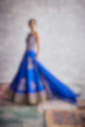 Cobalt Blue Dupion Silk Floral Embroidered Bridal Lehenga Set by AMAN TAKYAR at Pernia's Pop Up Shop