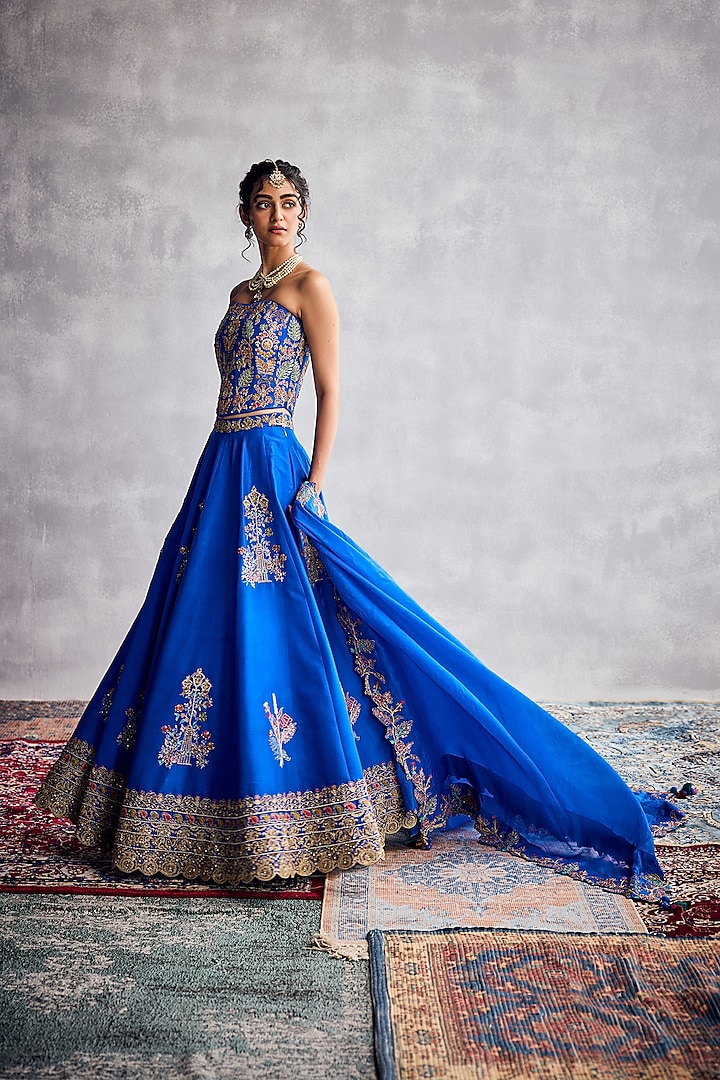 Cobalt Blue Dupion Silk Floral Embroidered Bridal Lehenga Set by AMAN TAKYAR at Pernia's Pop Up Shop