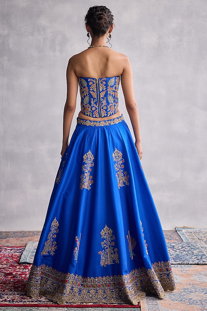 Cobalt Blue Dupion Silk Floral Embroidered Bridal Lehenga Set by AMAN TAKYAR at Pernia's Pop Up Shop