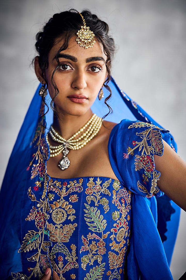 Cobalt Blue Dupion Silk Floral Embroidered Bridal Lehenga Set by AMAN TAKYAR at Pernia's Pop Up Shop