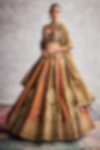 Orange & Green Raw Silk Embroidered Bridal Lehenga Set by AMAN TAKYAR at Pernia's Pop Up Shop