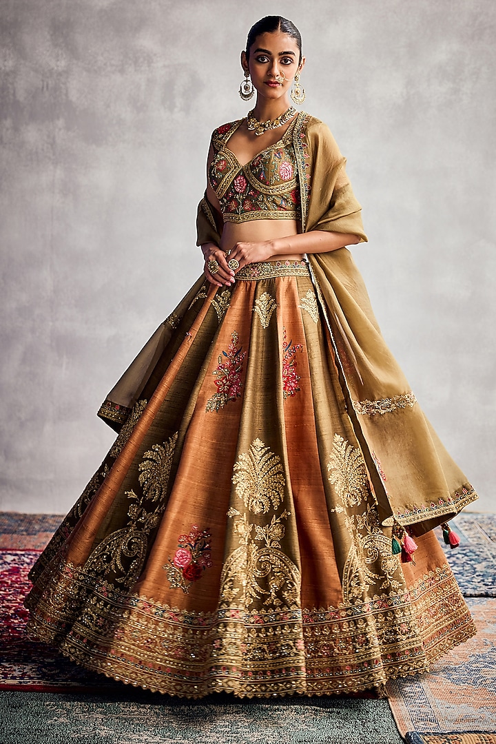 Orange & Green Raw Silk Embroidered Bridal Lehenga Set by AMAN TAKYAR at Pernia's Pop Up Shop