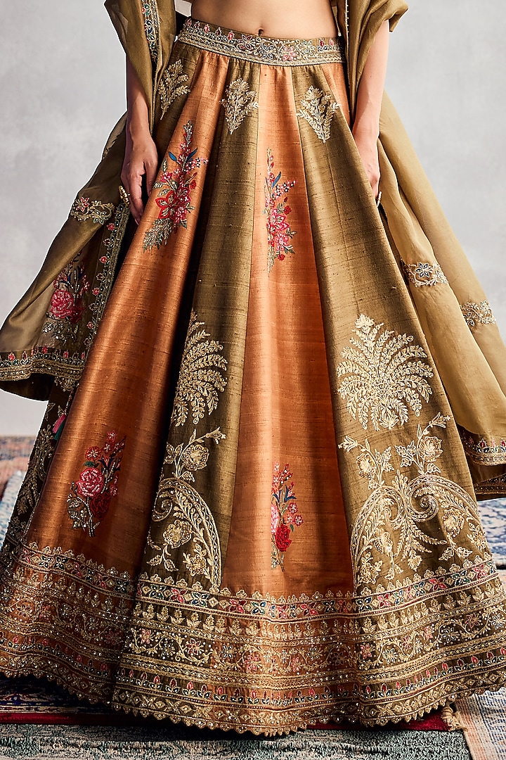 Orange & Green Raw Silk Embroidered Bridal Lehenga Set by AMAN TAKYAR at Pernia's Pop Up Shop