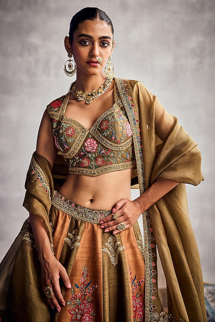 Orange & Green Raw Silk Embroidered Bridal Lehenga Set by AMAN TAKYAR at Pernia's Pop Up Shop