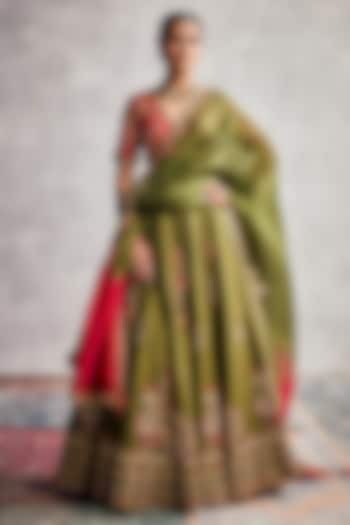 Dark Green Dupion Silk Floral Embroidered Bridal Lehenga Set by AMAN TAKYAR at Pernia's Pop Up Shop