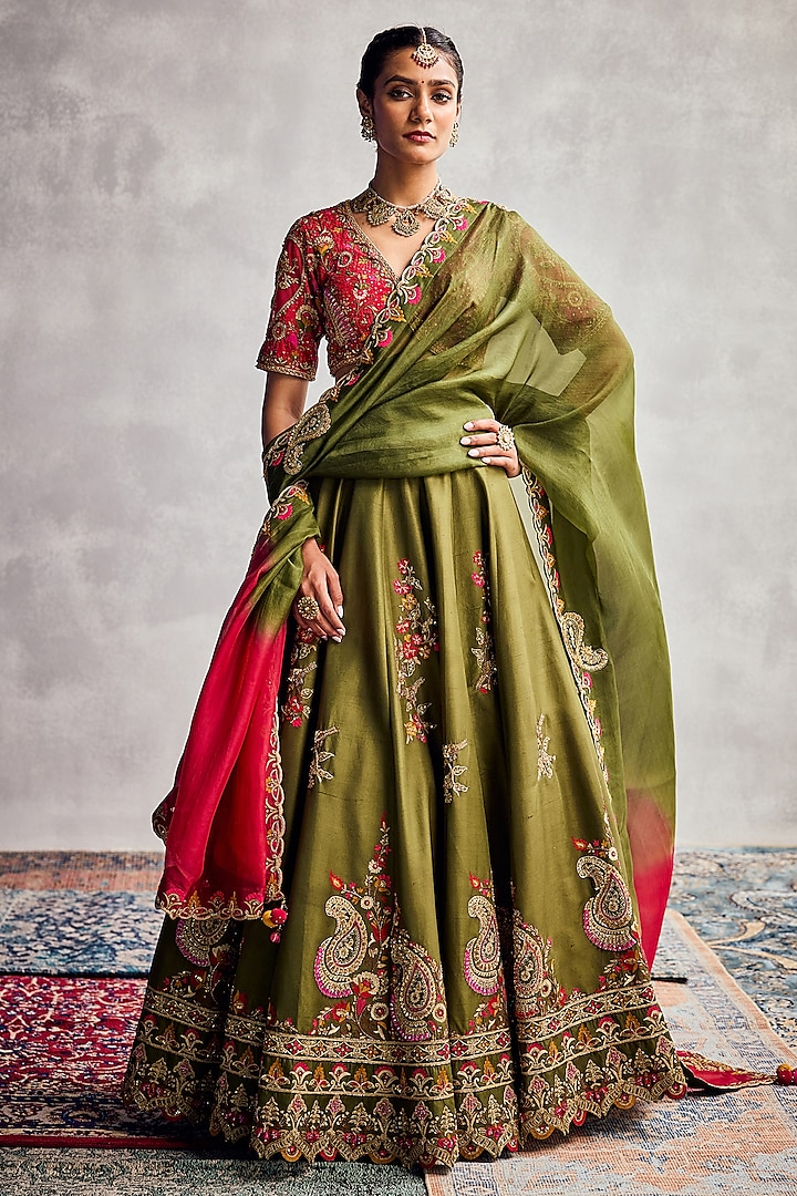 Dark Green Dupion Silk Floral Embroidered Bridal Lehenga Set by AMAN TAKYAR at Pernia's Pop Up Shop