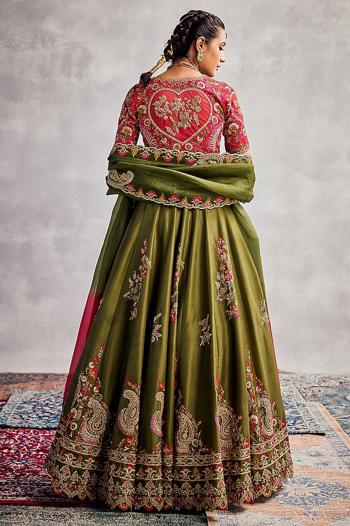 Dark Green Dupion Silk Floral Embroidered Bridal Lehenga Set by AMAN TAKYAR at Pernia's Pop Up Shop