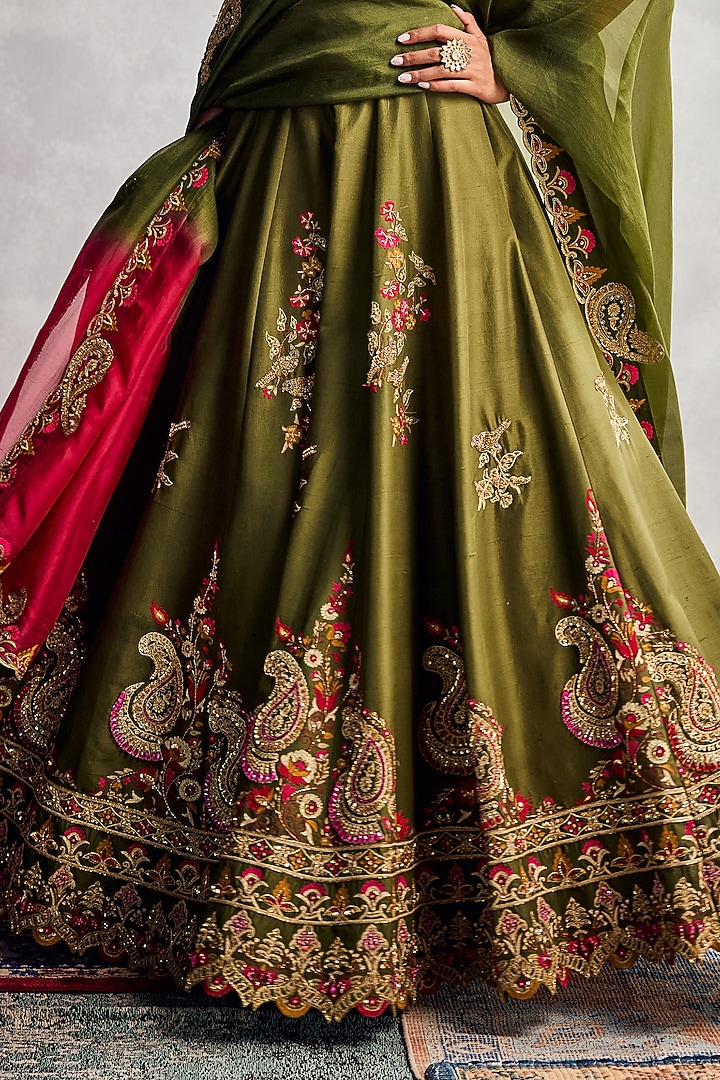 Dark Green Dupion Silk Floral Embroidered Bridal Lehenga Set by AMAN TAKYAR at Pernia's Pop Up Shop