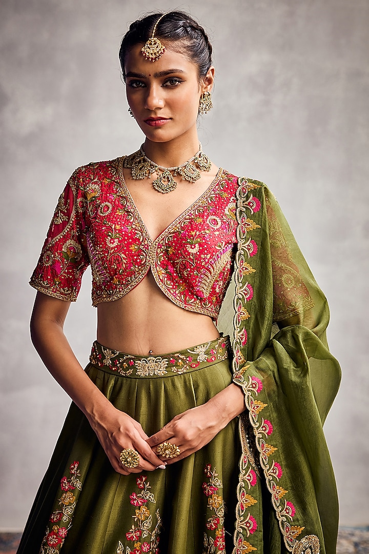 Dark Green Dupion Silk Floral Embroidered Bridal Lehenga Set by AMAN TAKYAR at Pernia's Pop Up Shop