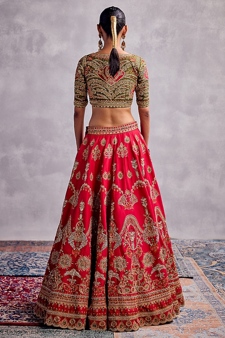 Red Dupion Silk Floral Embroidered Bridal Lehenga Set by AMAN TAKYAR at Pernia's Pop Up Shop