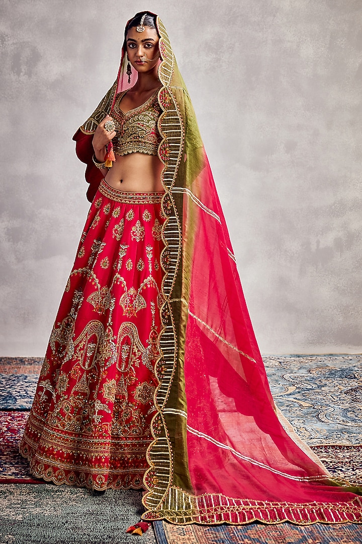 Red Dupion Silk Floral Embroidered Bridal Lehenga Set by AMAN TAKYAR at Pernia's Pop Up Shop