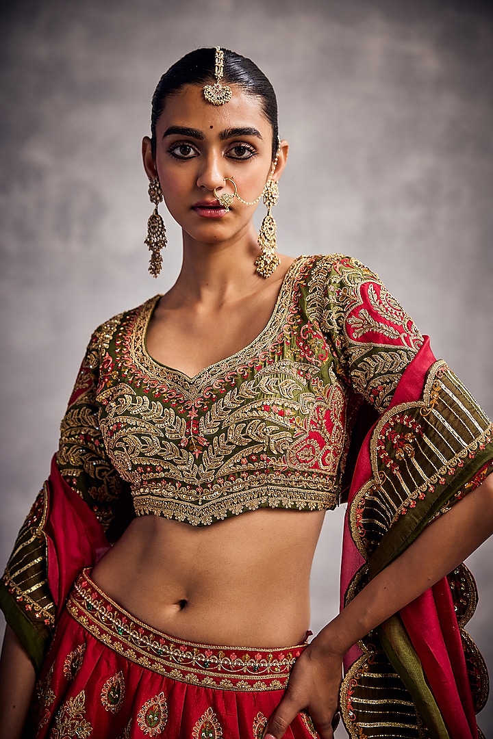 Red Dupion Silk Floral Embroidered Bridal Lehenga Set by AMAN TAKYAR at Pernia's Pop Up Shop