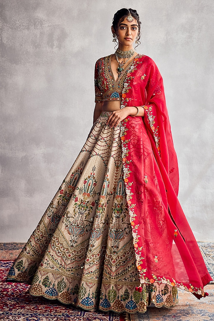 Ivory Dupion Silk Thread Embroidered Bridal Lehenga Set by AMAN TAKYAR at Pernia's Pop Up Shop