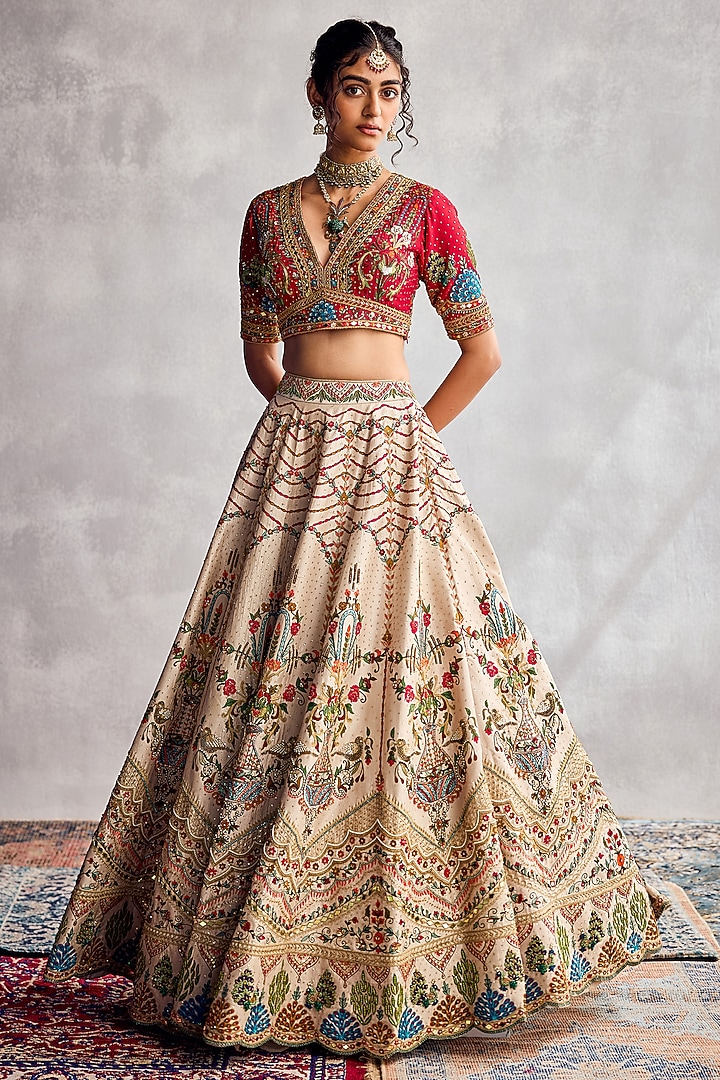 Ivory Dupion Silk Thread Embroidered Bridal Lehenga Set by AMAN TAKYAR at Pernia's Pop Up Shop