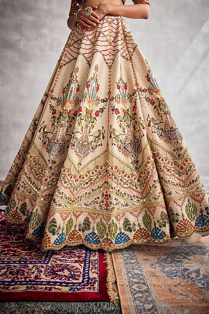Ivory Dupion Silk Thread Embroidered Bridal Lehenga Set by AMAN TAKYAR at Pernia's Pop Up Shop