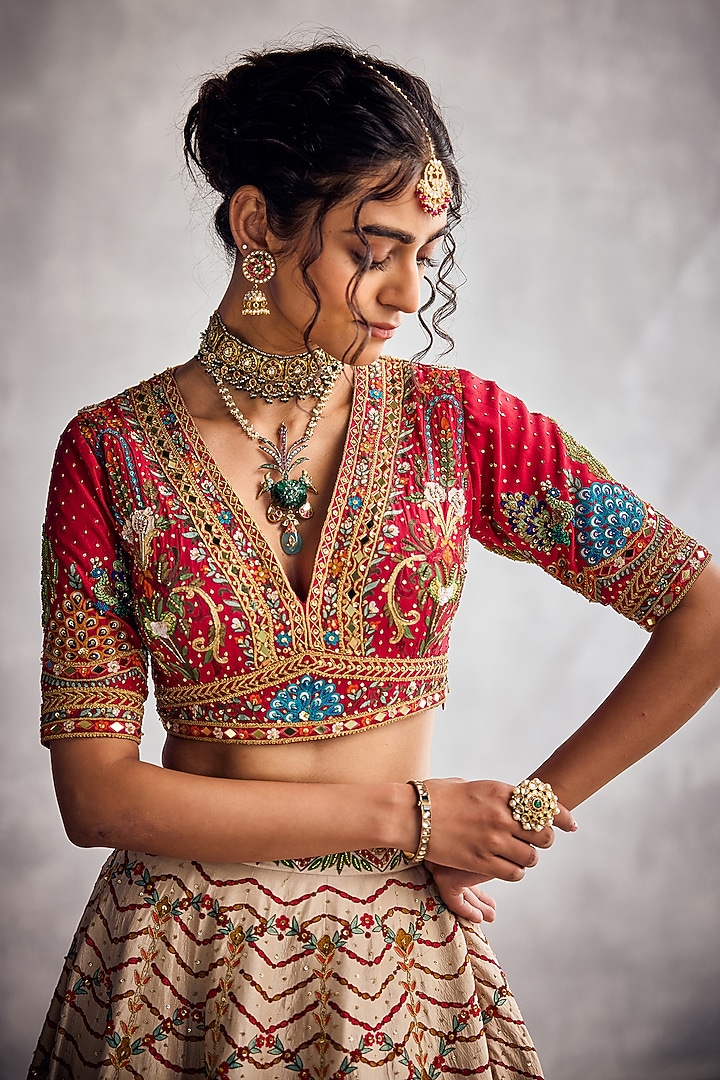 Ivory Dupion Silk Thread Embroidered Bridal Lehenga Set by AMAN TAKYAR at Pernia's Pop Up Shop