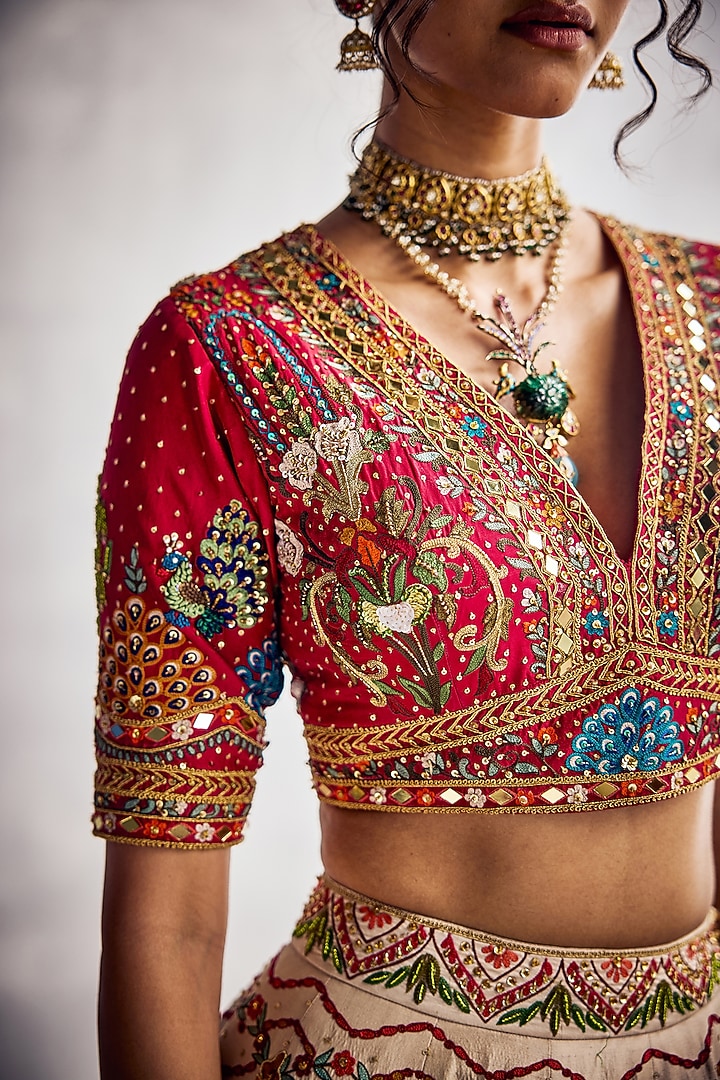 Ivory Dupion Silk Thread Embroidered Bridal Lehenga Set by AMAN TAKYAR at Pernia's Pop Up Shop