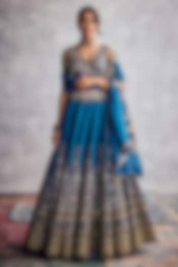 Blue Dupion Silk Embroidered Bridal Lehenga Set by AMAN TAKYAR at Pernia's Pop Up Shop