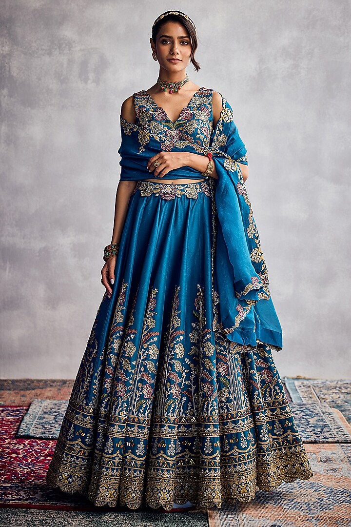 Blue Dupion Silk Embroidered Bridal Lehenga Set by AMAN TAKYAR at Pernia's Pop Up Shop