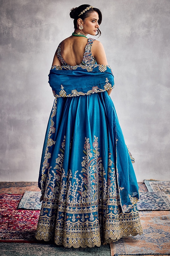 Blue Dupion Silk Embroidered Bridal Lehenga Set by AMAN TAKYAR at Pernia's Pop Up Shop