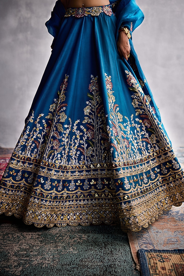 Blue Dupion Silk Embroidered Bridal Lehenga Set by AMAN TAKYAR at Pernia's Pop Up Shop