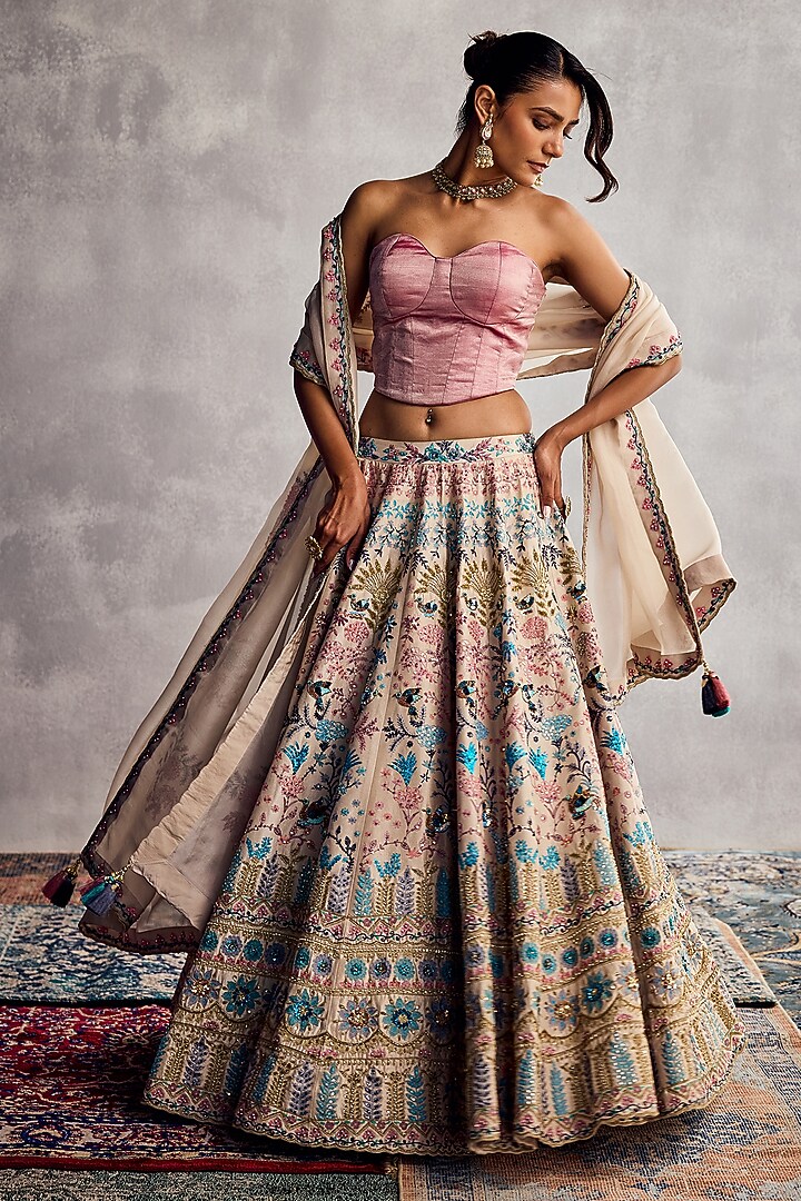Ivory Dupion Silk Floral Embroidered Bridal Lehenga Set by AMAN TAKYAR at Pernia's Pop Up Shop