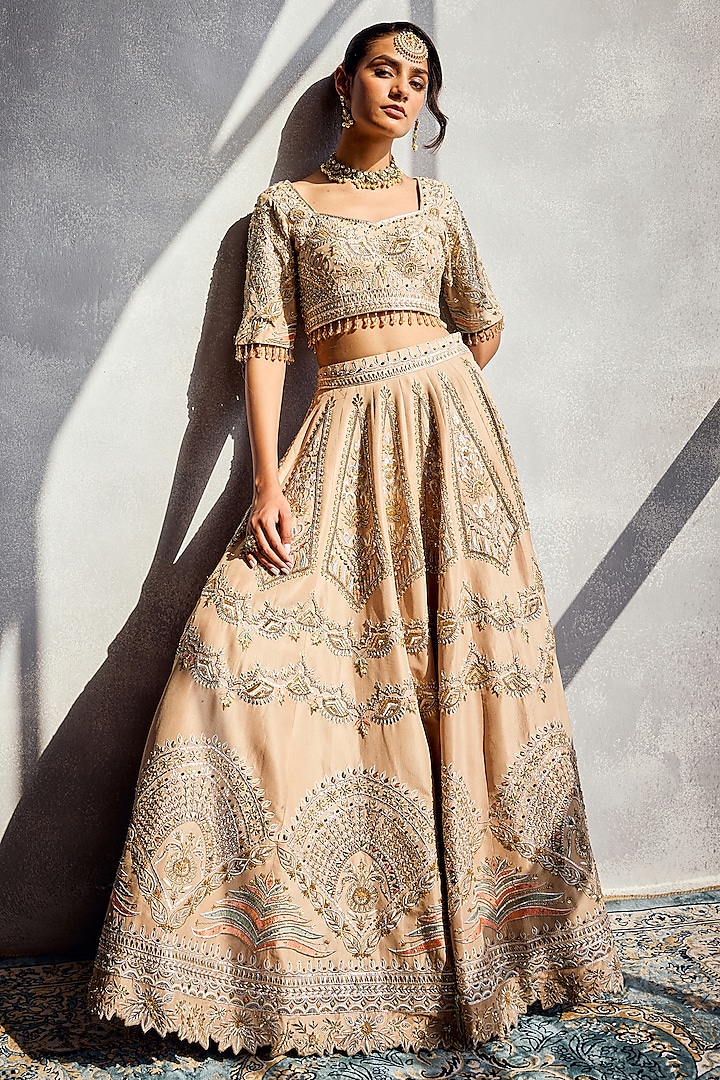 Ivory Dupion Silk Embroidered Bridal Lehenga Set by AMAN TAKYAR at Pernia's Pop Up Shop