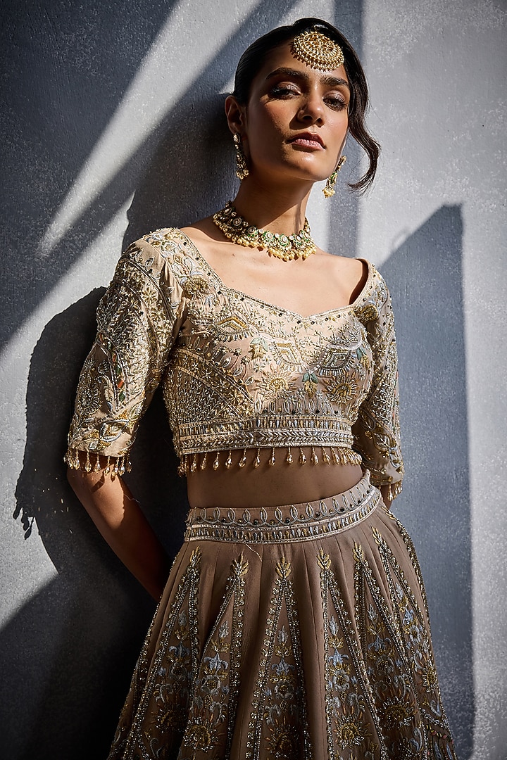 Ivory Dupion Silk Embroidered Bridal Lehenga Set by AMAN TAKYAR at Pernia's Pop Up Shop