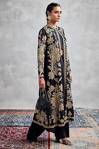 Black Silk Georgette Zardosi Embroidered Jacket Set by AMAN TAKYAR