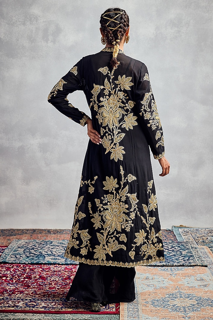 Black Silk Georgette Zardosi Embroidered Jacket Set by AMAN TAKYAR at Pernia's Pop Up Shop