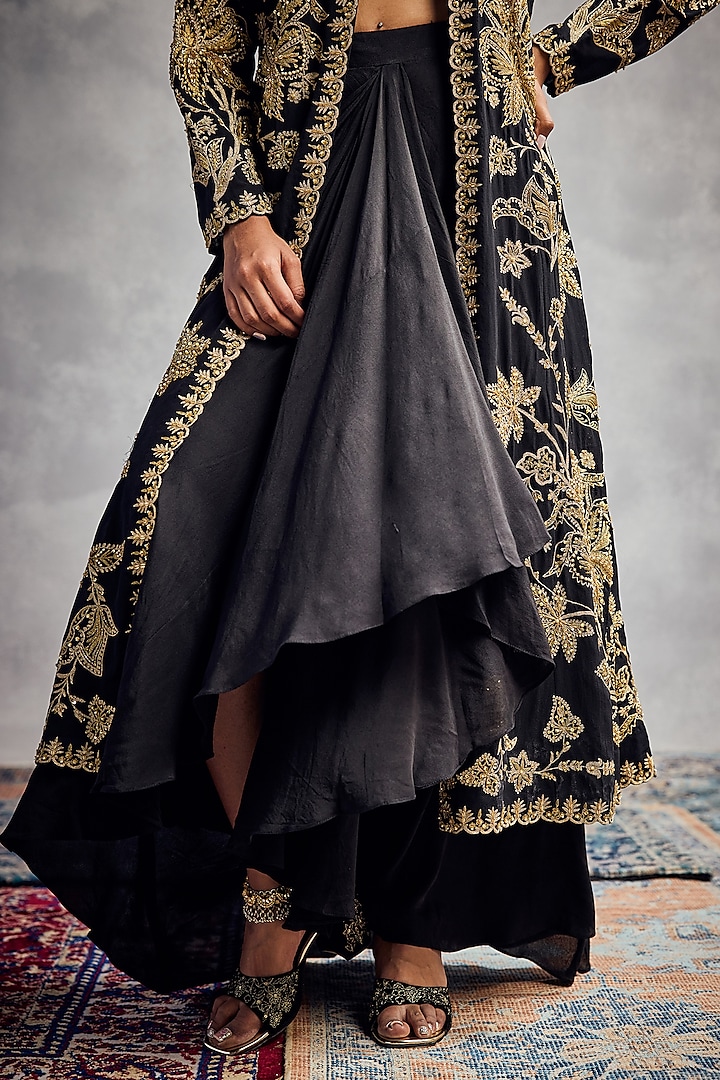 Black Silk Georgette Zardosi Embroidered Jacket Set by AMAN TAKYAR at Pernia's Pop Up Shop