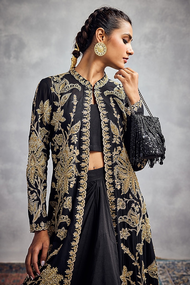 Black Silk Georgette Zardosi Embroidered Jacket Set by AMAN TAKYAR at Pernia's Pop Up Shop