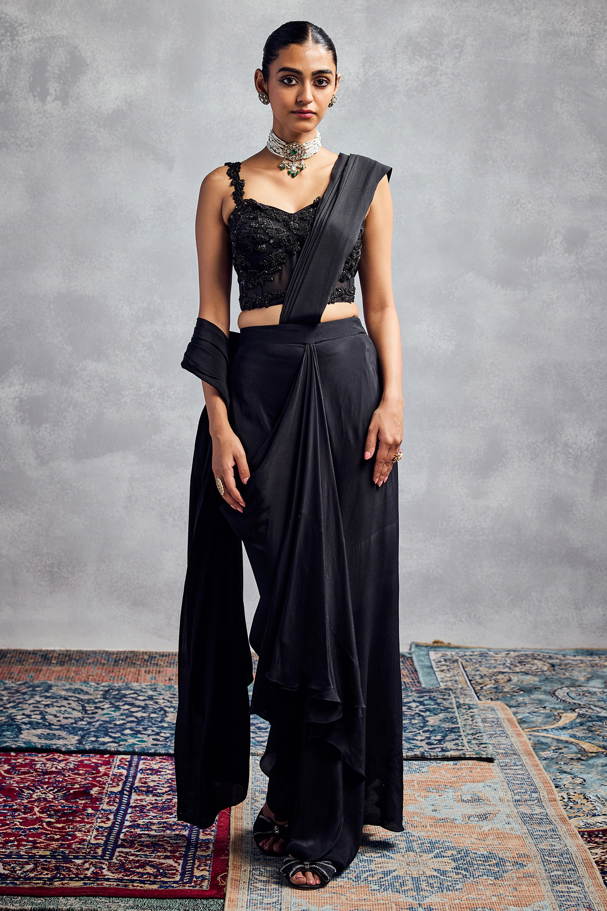 Black Silk Georgette Draped Wedding Saree Set by AMAN TAKYAR at Pernia's Pop Up Shop