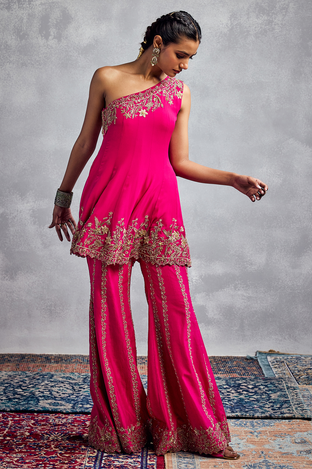 Fuchsia Silk Georgette Embroidered Pant Set by AMAN TAKYAR at Pernia's Pop Up Shop