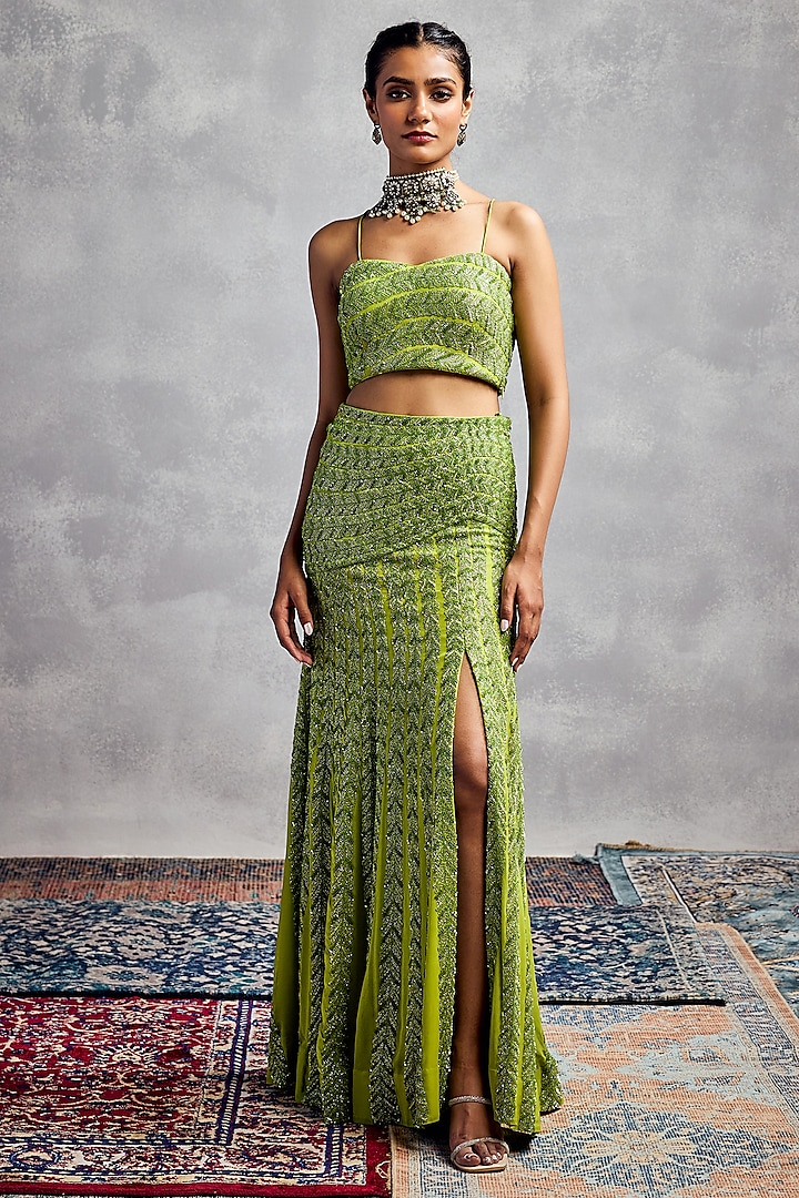 Lime Green Silk Georgette Embroidered Skirt Set by AMAN TAKYAR at Pernia's Pop Up Shop
