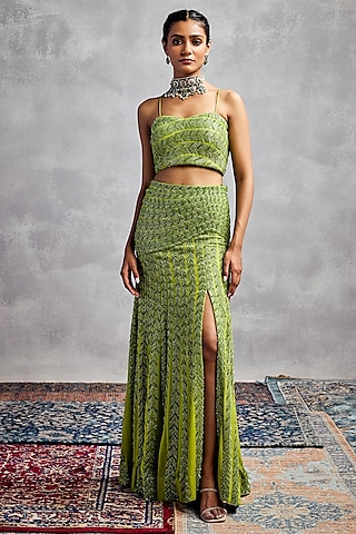 Lime Green Silk Georgette Embroidered Skirt Set by AMAN TAKYAR