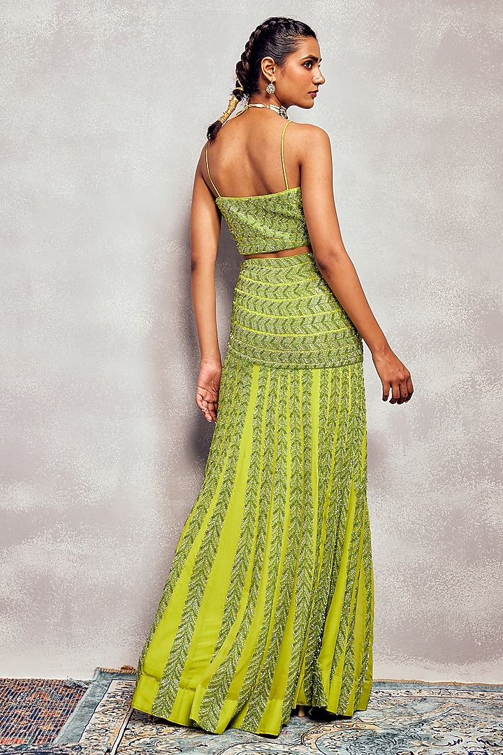 Lime Green Silk Georgette Embroidered Skirt Set by AMAN TAKYAR at Pernia's Pop Up Shop