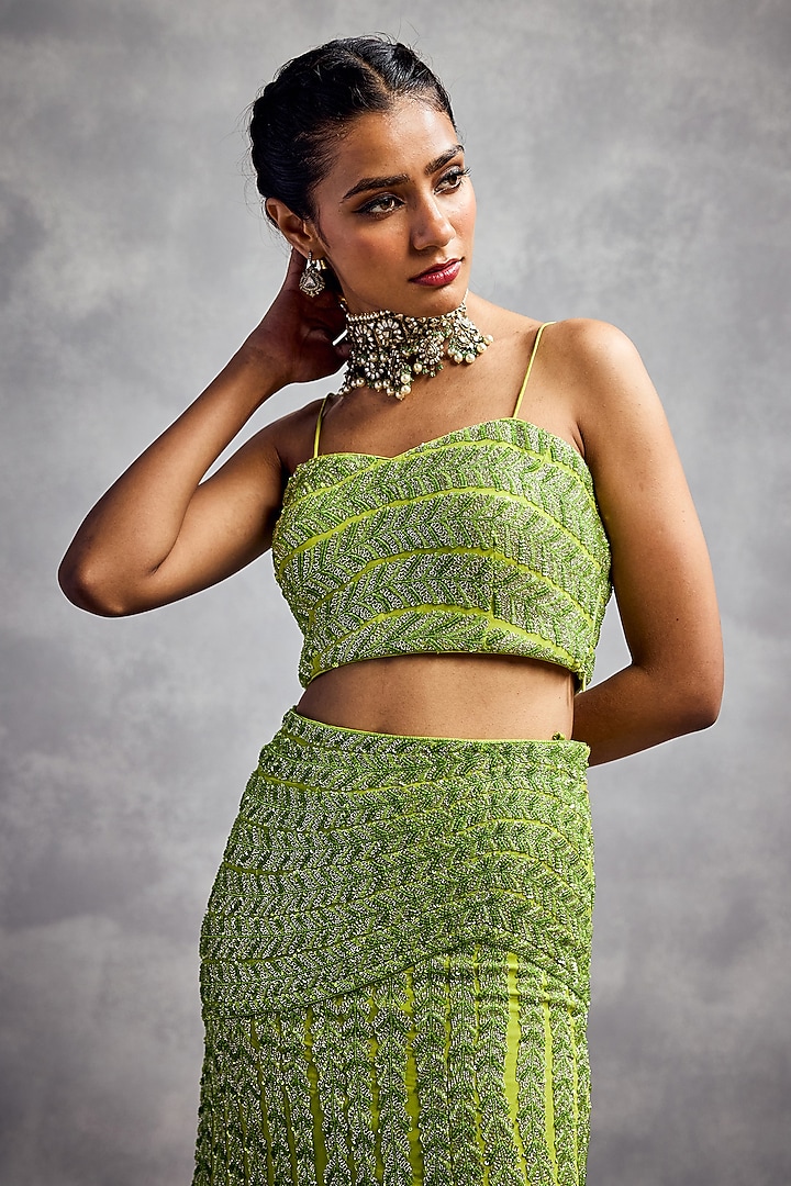 Lime Green Silk Georgette Embroidered Skirt Set by AMAN TAKYAR at Pernia's Pop Up Shop