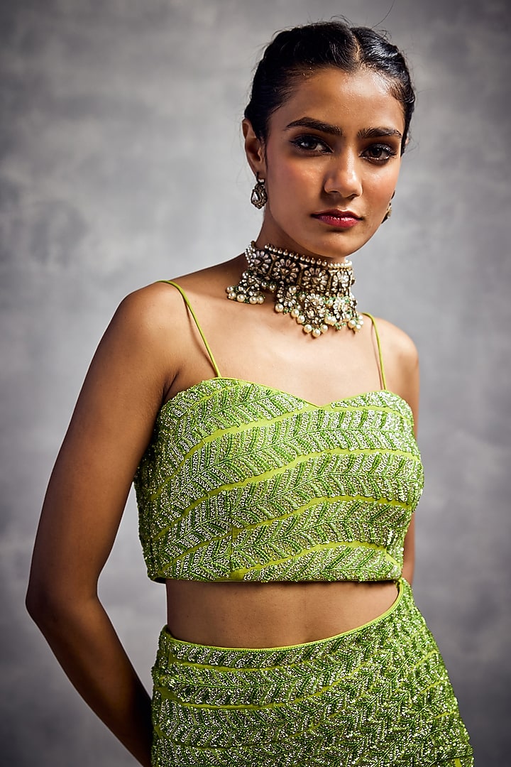 Lime Green Silk Georgette Embroidered Skirt Set by AMAN TAKYAR at Pernia's Pop Up Shop