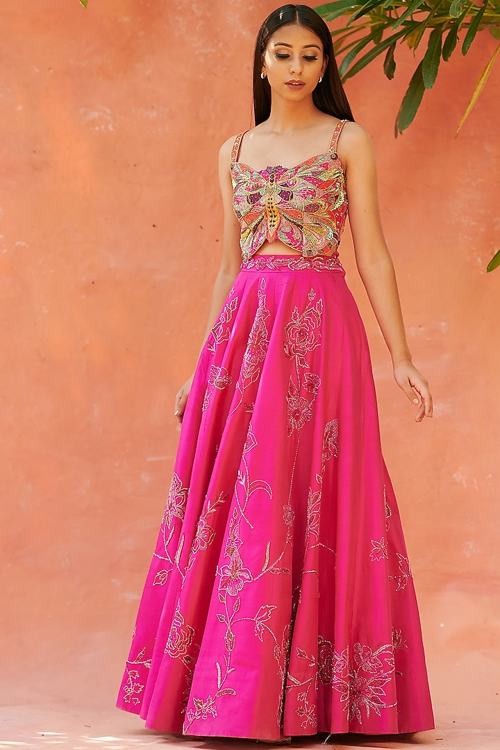 Hot Pink Embroidered Lehenga Set by AMAN TAKYAR