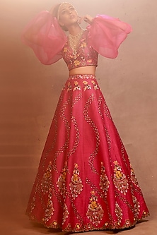 Hot Pink Embroidered Lehenga Set by AMAN TAKYAR-VOLUMINOUS SLEEVES