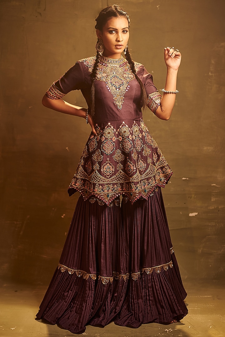 Mauve Embroidered Wedding Sharara Set by AMAN TAKYAR at Pernia's Pop Up Shop