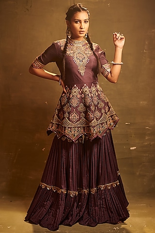 Mauve Embroidered Sharara Set by AMAN TAKYAR