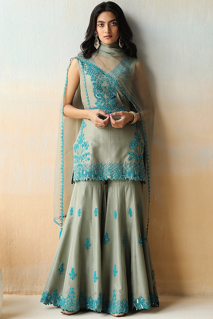 Sea Salt Green Embroidered Sharara Set by AMAN TAKYAR